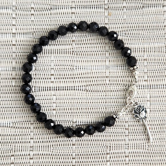 WOMEN'S CUSTOM ( BLK ONYX BRACELET  WITH STERLING SILVER  ROSE CHARM - Picture 1 of 2